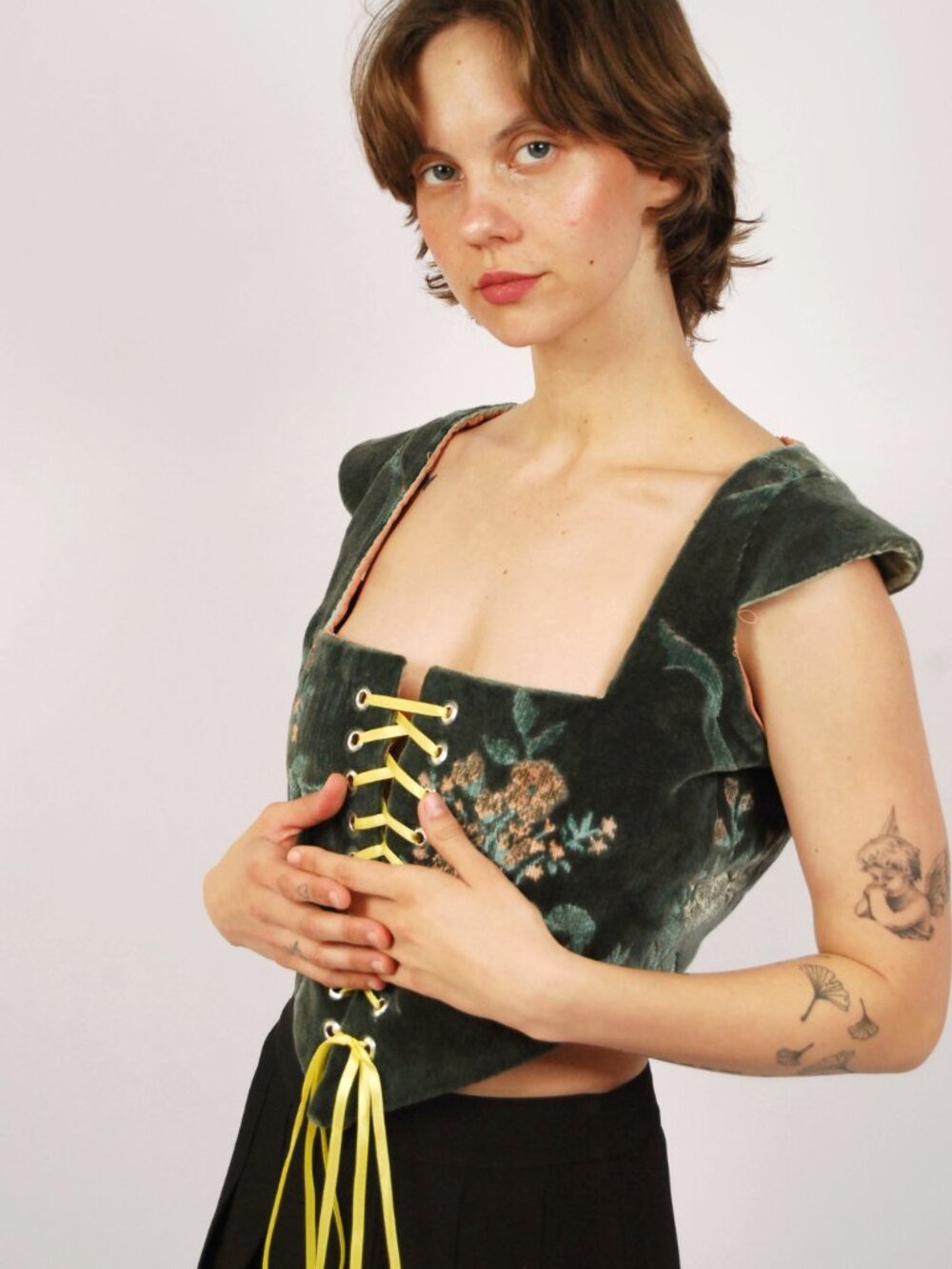 60s Queen Anne Velvet Corset (M) medium green vintage top regency renaissance - Picture 4 of 7